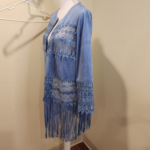 Chico's blue faux suede lace fringe open front cardigan Chico's size 1 - Picture 4 of 14